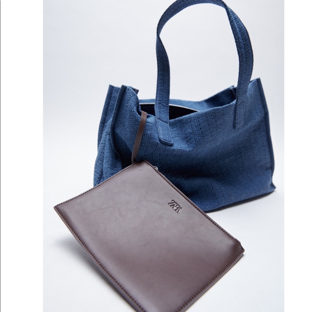 NWOT Zara Blue Denim 2 piece Tote Bag